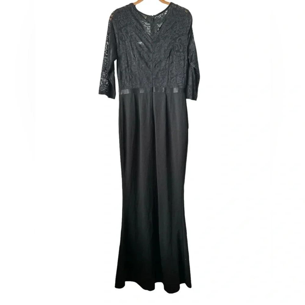 MISSMY Black V Neckline Maxi Fishtail Large 3/4th Sleeves Wedding Prom Gown - Picture 4 of 10